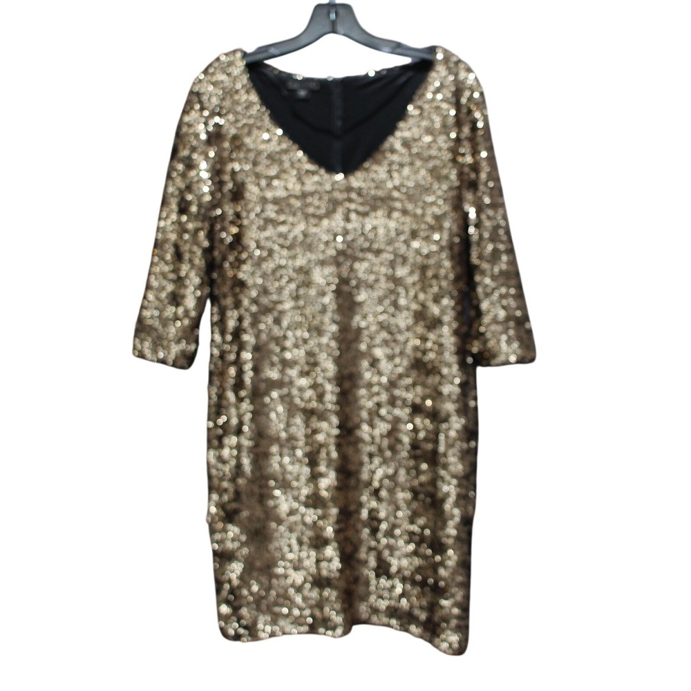 Metaphor Gold Sequin Bodycon Dress L Large Party Cocktail 3/4 Sleeve
